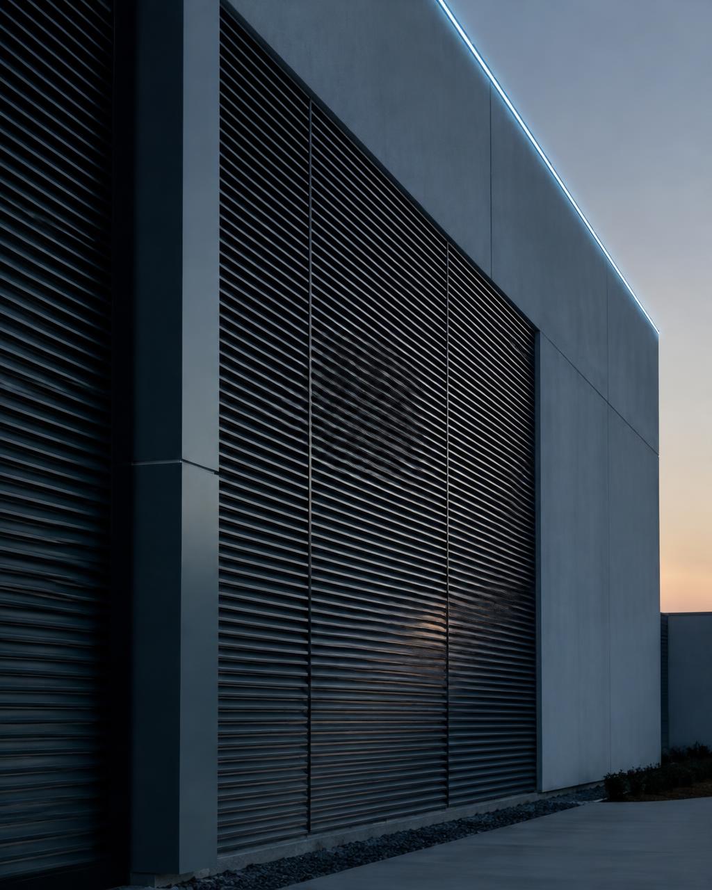 Illustrative graphite louvred data center facade with a thin line of light at dusk