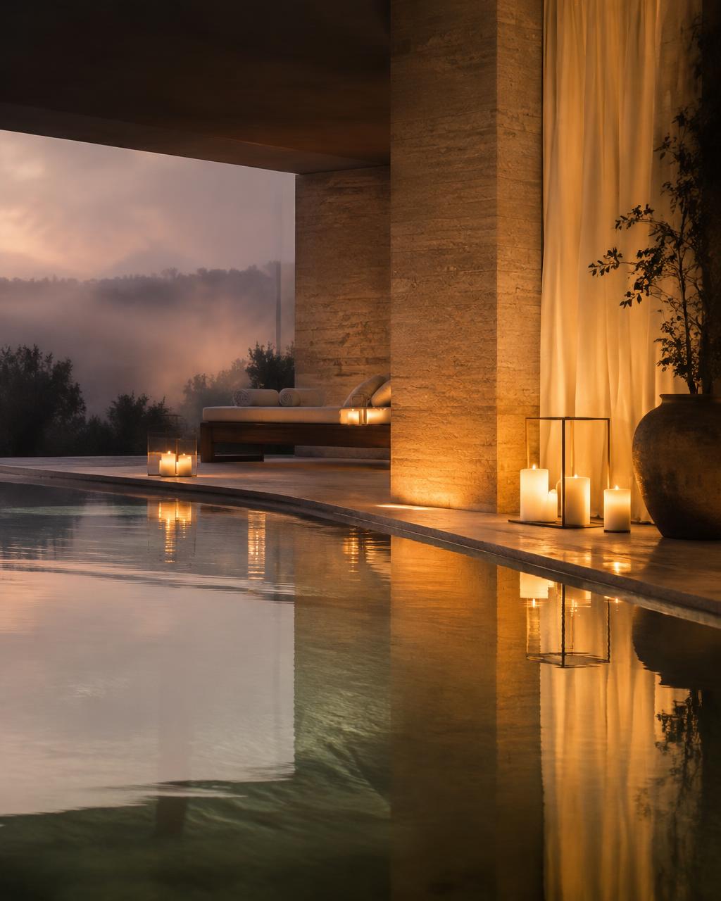 Illustrative travertine spa pool lit by candles at misty twilight